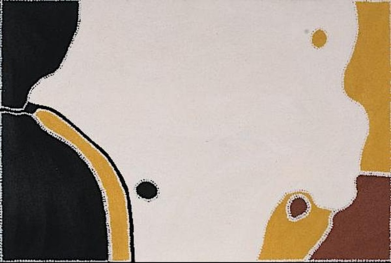 Freddie Timms Alec Well (Bow River), 1996, ochre painting with a pale cream ground and black, yellow and red-brown landscape forms outlined with white dots