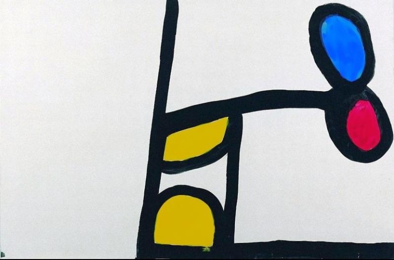 Abstract gouache painting by Paddy Bedford with bold black lines, yellow forms, and blue and magenta ovals on a white background.