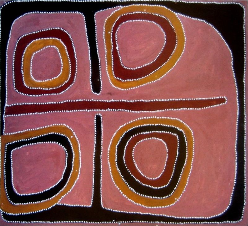 Abstract Aboriginal painting with a soft pink background divided into four sections by a horizontal and vertical black band that meet near the centre. Each section contains a large rounded motif made of concentric bands of black, reddish brown, golden ochre and pink. Fine white dots outline every major shape, creating crisp contrast and emphasising the layered circular forms.