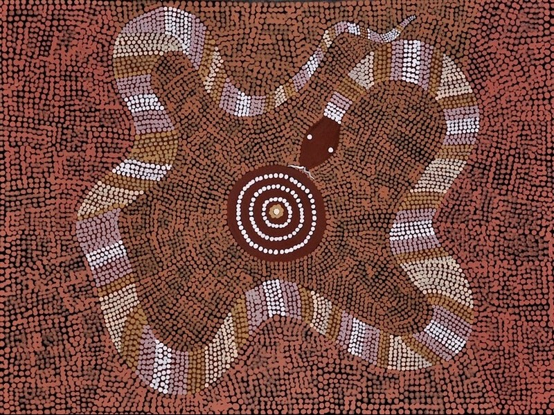 Turkey Tolson Tjupurrula Snake Dreaming July 1979 Papunya painting depicting a striped ancestral snake surrounding a sacred site.