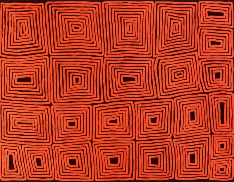 Ronnie Tjampitjinpa Ninu (Greater Bilby) Dreaming at Tjiturrulnga 1999 painting, with repeated black concentric rectangular forms across a vivid red-orange ground.