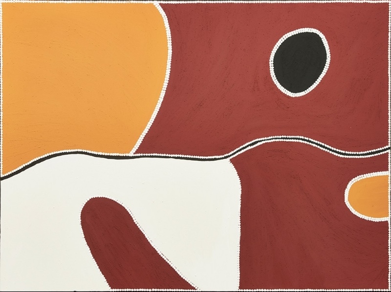 Freddie Timms Kame Creek Country, 2012 – aerial East Kimberley landscape with waterholes, creek line and areas of red, yellow and white ochre