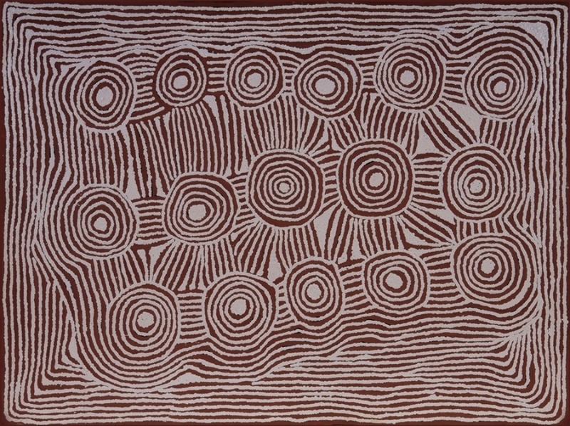 Brown and pale grey Aboriginal painting by Ningura Napurrula composed of sixteen prominent concentric circles arranged across a rectangular field. Fine parallel lines radiate between the circles and flow around them, while multiple continuous lines form a broad rectangular border around the entire composition.