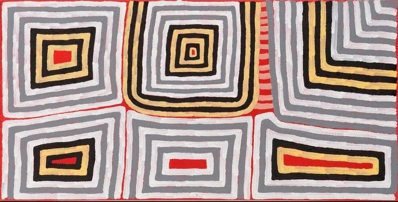 Ronnie Tjampitjinpa’s Untitled (1996), featuring six nested rectangular geometric forms in white, grey, black, yellow and red, divided by narrow linear pathways.
