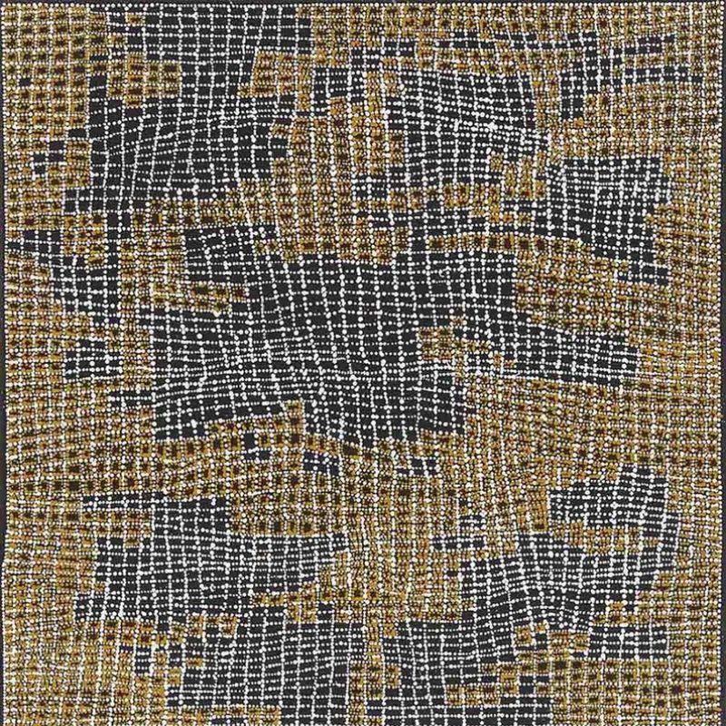 Dorothy Napangardi Woman Dreaming 1999 oil on linen featuring a finely dotted black and ochre grid representing the ancestral journeys of the Women's Dreaming.