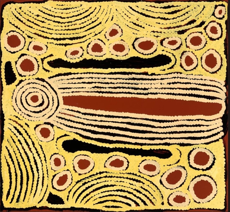 Ningura Napurrula Meeting for the Birth of Baby, Women Ceremony, 2010, with a central elongated form surrounded by concentric circles, curved linear motifs and red, black and cream patterning.
