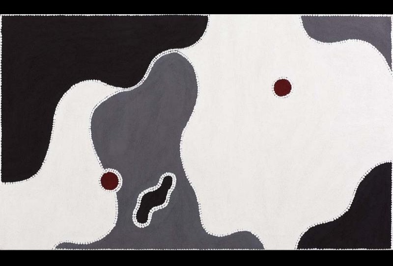 Freddie Timms Anne's Camp – Bedford, 2012 – East Kimberley landscape in black, white, grey and red ochre with dotted boundaries and waterholes