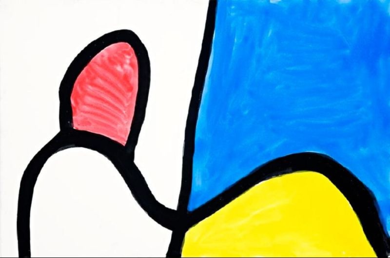 Abstract gouache painting by Paddy Bedford featuring bold black contours enclosing pink, blue and yellow forms on a white background.