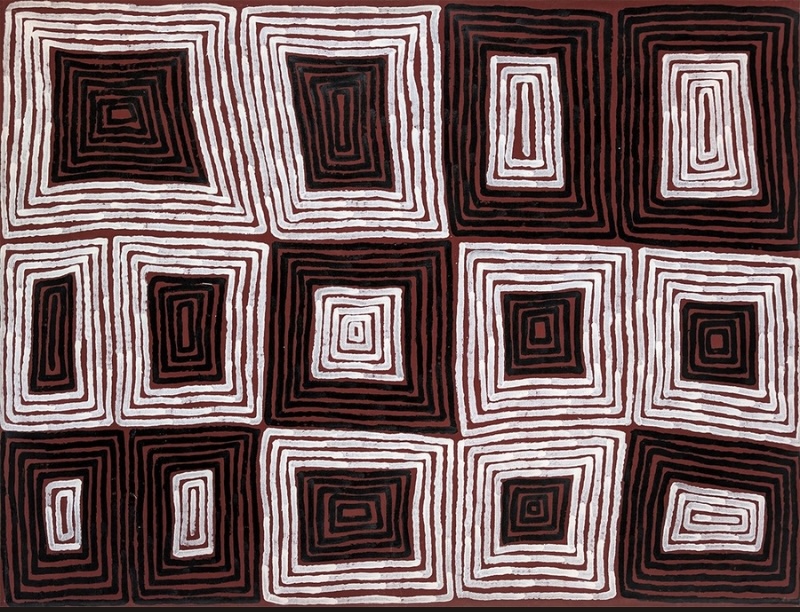 Ronnie Tjampitjinpa Tingari c. 2006 painting, with repeated concentric rectangular forms in white, dark red and black arranged across the linen.