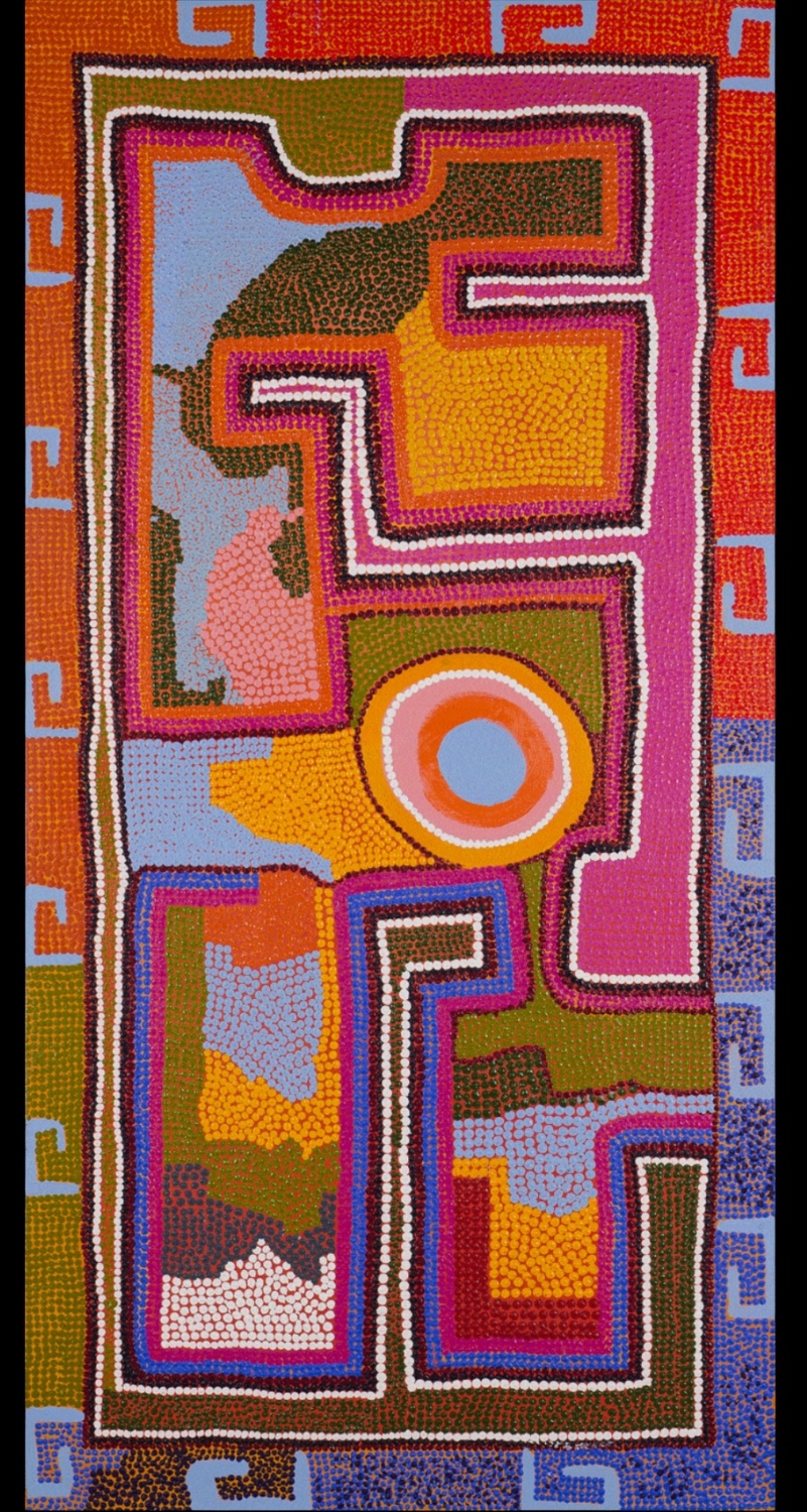 Boxer Milner painting with interlocking geometric lines, hooked forms and a central circle in bright pink, orange, blue, green and white dotting.