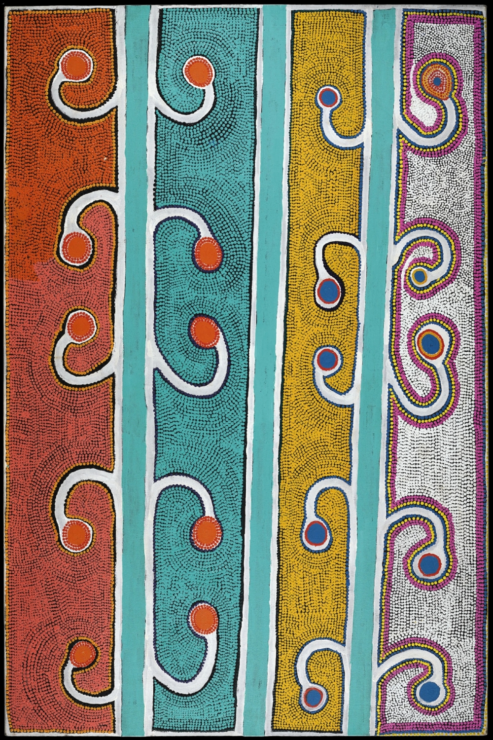 Boxer Milner’s Oolaign painting with four vertical fields of orange, turquoise, yellow and white, filled with fine dots and repeated curved forms representing Country and water.