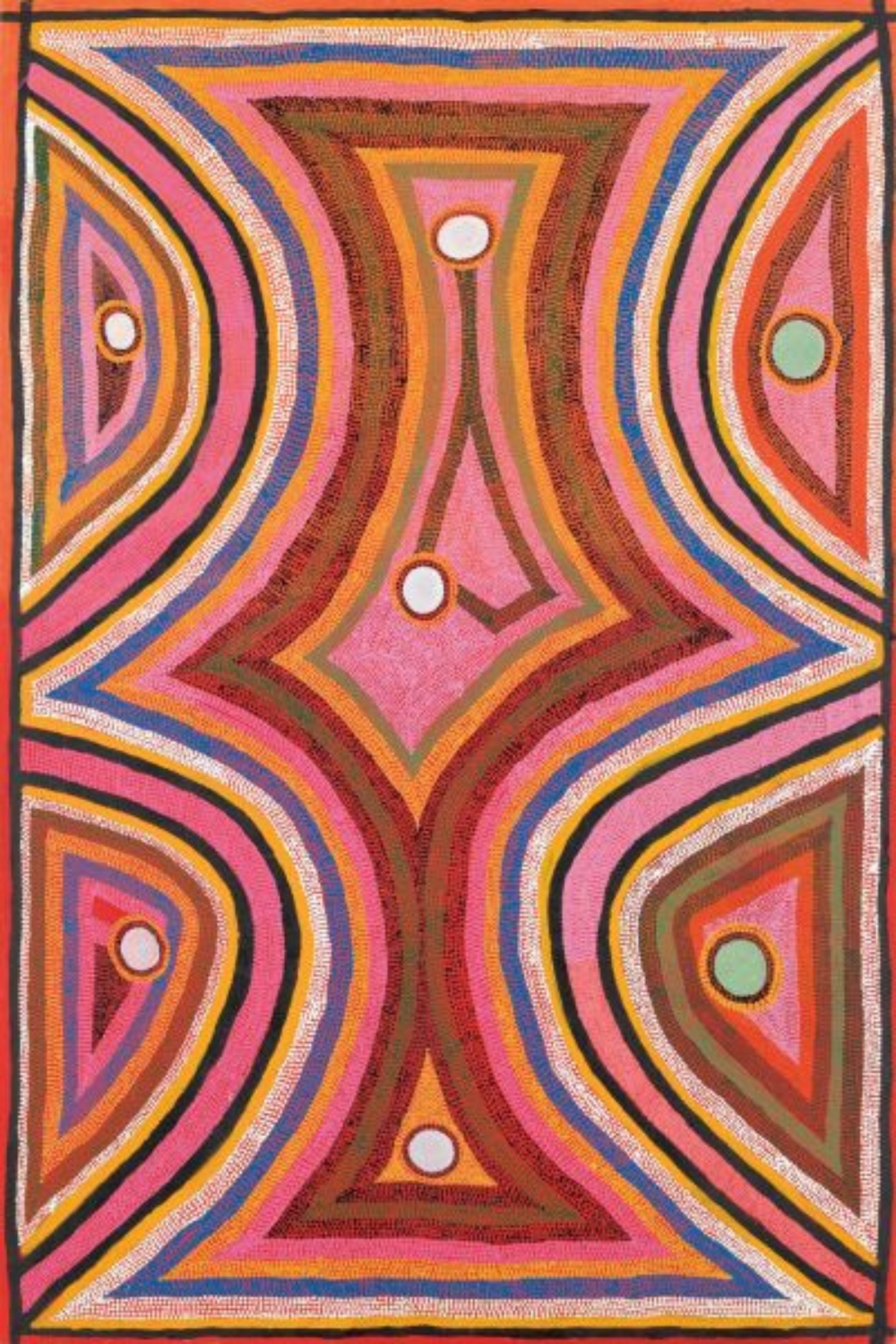 Boxer Milner painting with sweeping bands of pink, orange, blue, green and white surrounding circular forms representing features of Sturt Creek Country.