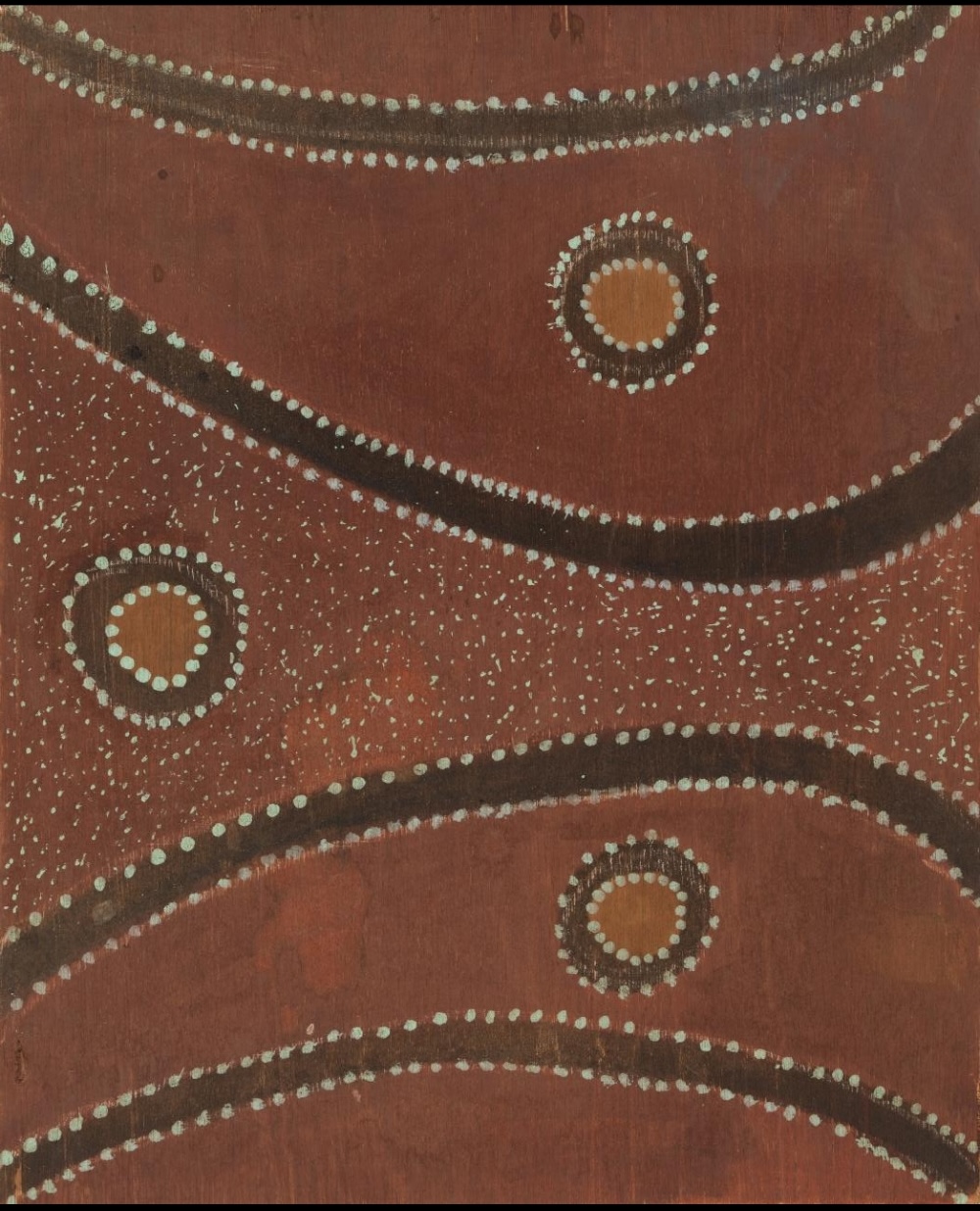 Jack Britten, Landscape at Frog Hollow, ochre painting depicting Gija Country in the East Kimberley.