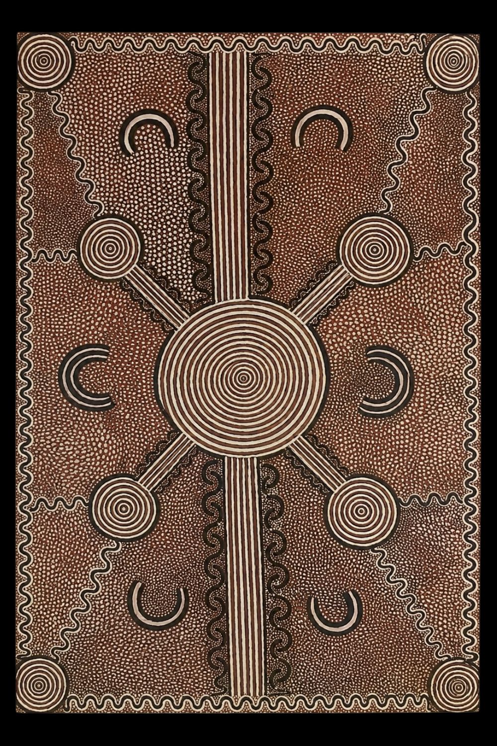 Early Papunya painting by Johnny Lynch Tjapangati depicting Honey Ant Dreaming with concentric circles, connecting pathways and ceremonial motifs.