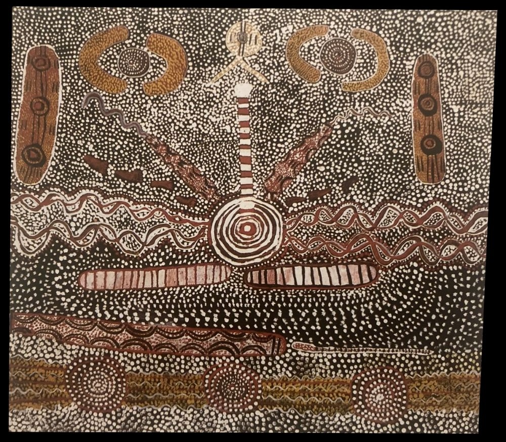 Johnny Scooby Tjapanangka early Papunya painting 1972 -1974 with ceremonial motifs and concentric circles.