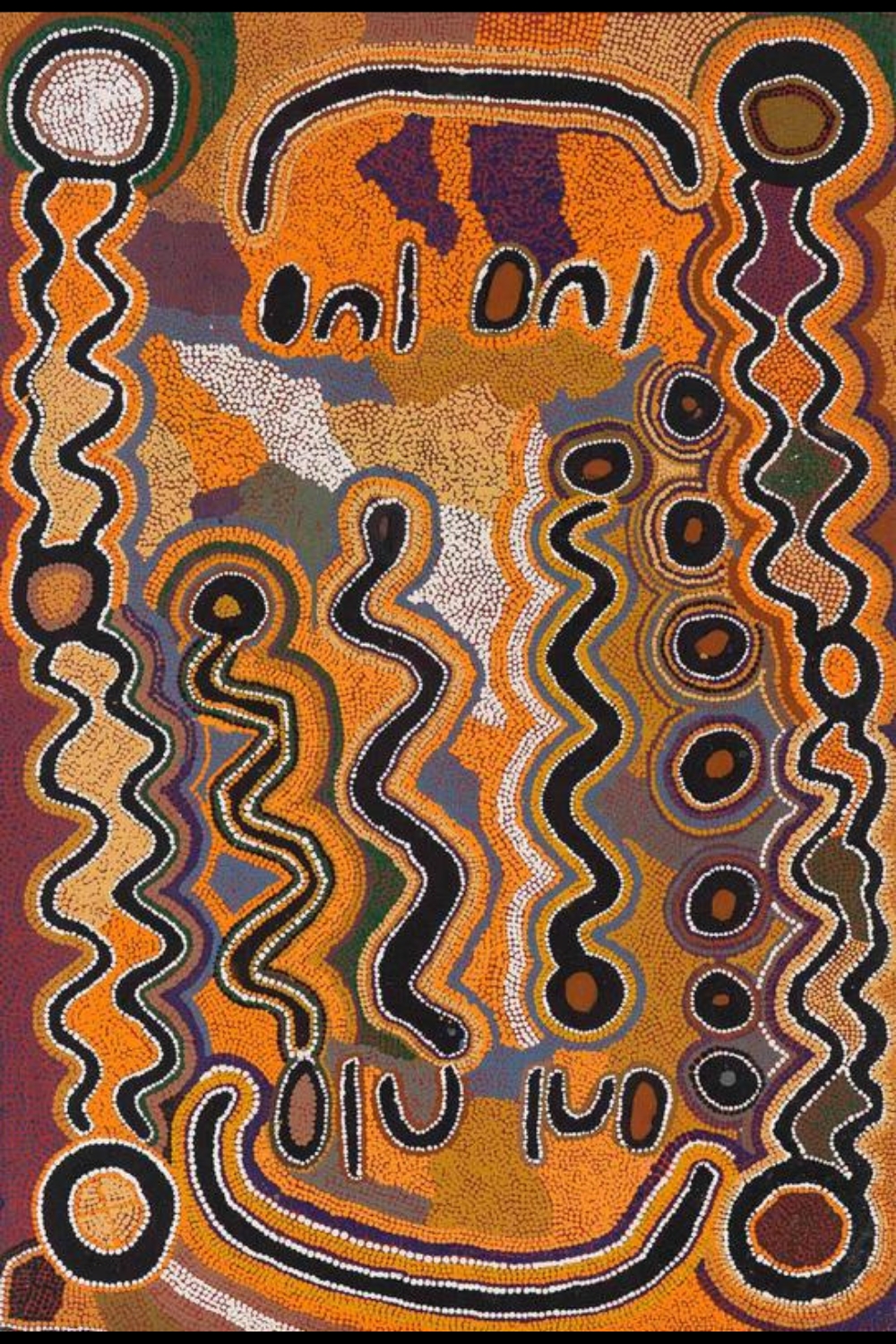 Judy Watson Napangardi painting in orange, black and ochre, with concentric circles, U-shaped forms, sinuous lines and dense fields of dots.