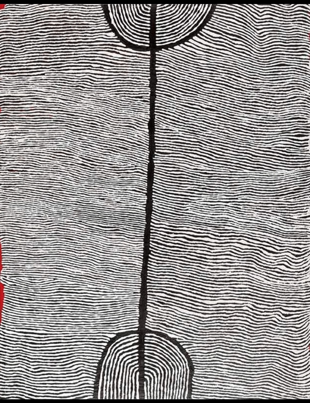Black and white Judy Watson Napangardi painting with hundreds of closely spaced wavy white lines flowing around a central vertical black line and large concentric forms.
