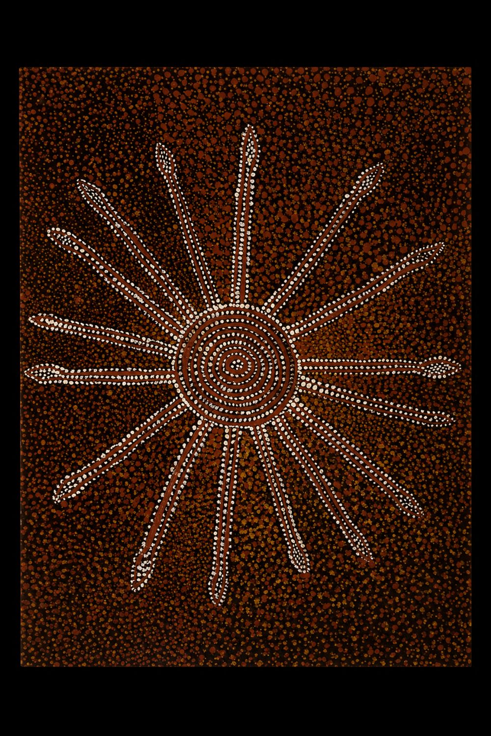 Early Papunya painting by Limpi Pungtungka Tjapangati featuring concentric circles and radiating ceremonial pathways in traditional Western Desert style.