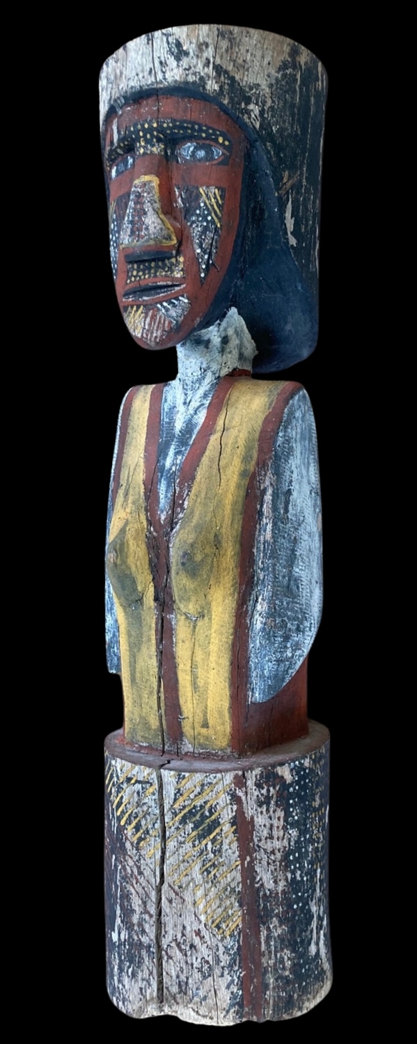 Mick Aruni Illortamini Bima Tiwi Sculpture – Three-Quarter View Mick Aruni Illortamini Bima carved and ochre-painted Tiwi sculpture from Paru, Melville Island