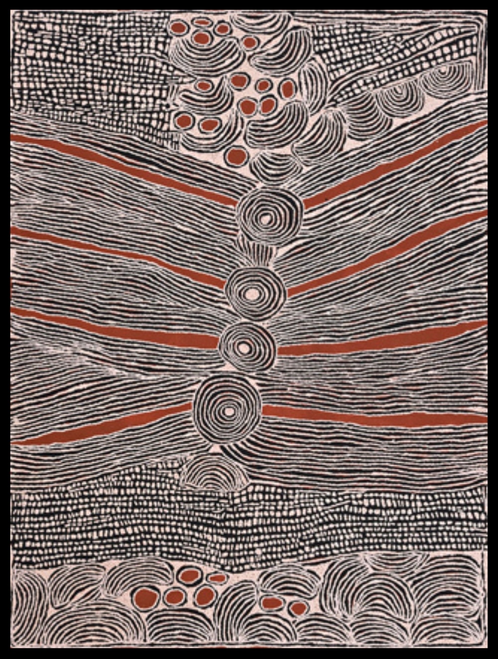 Painting by Ningura Napurrula with concentric circles, fine parallel lines and red, black and white forms