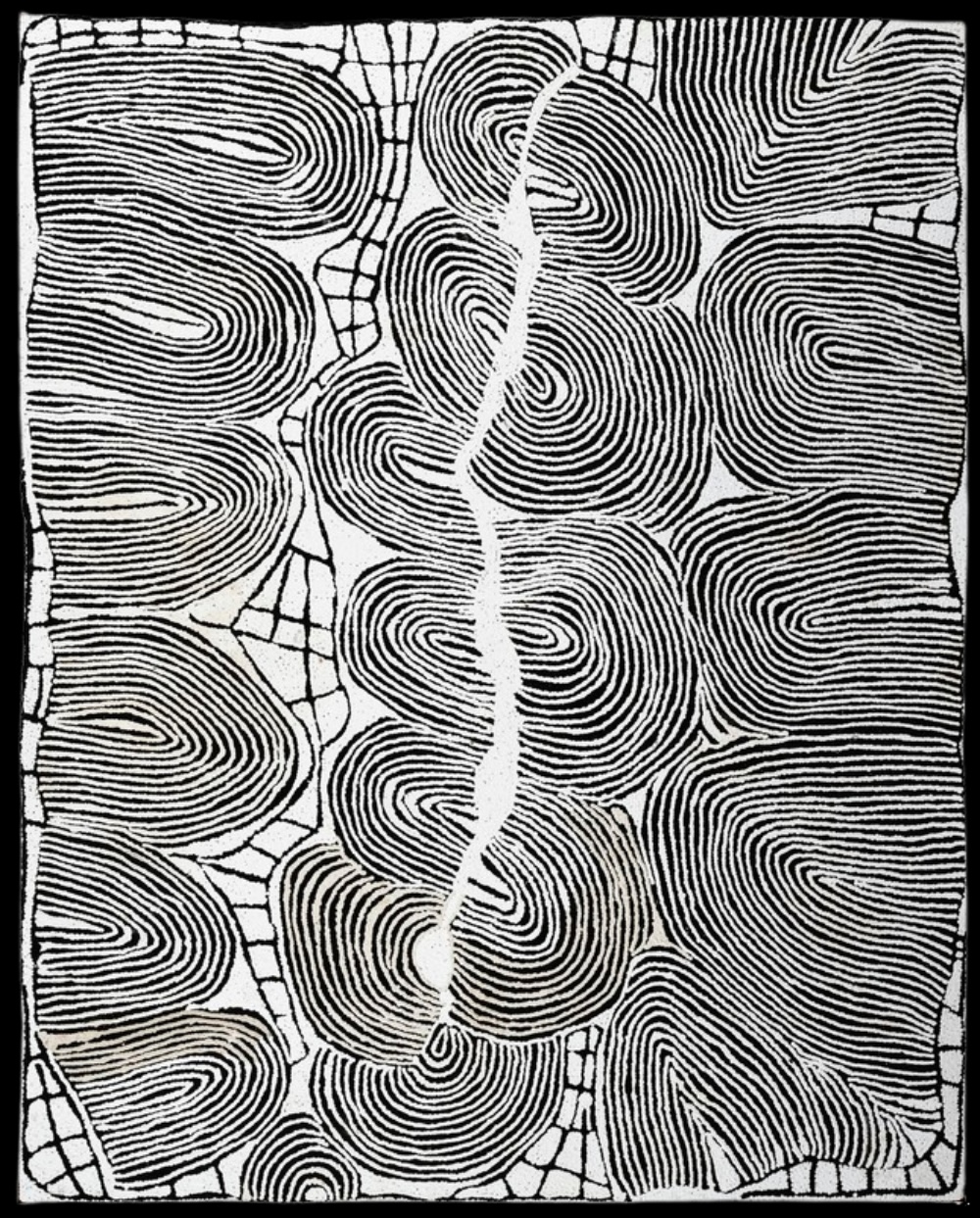 Black and white painting by Ningura Napurrula with dense parallel lines, enclosing forms and grid-like structures
