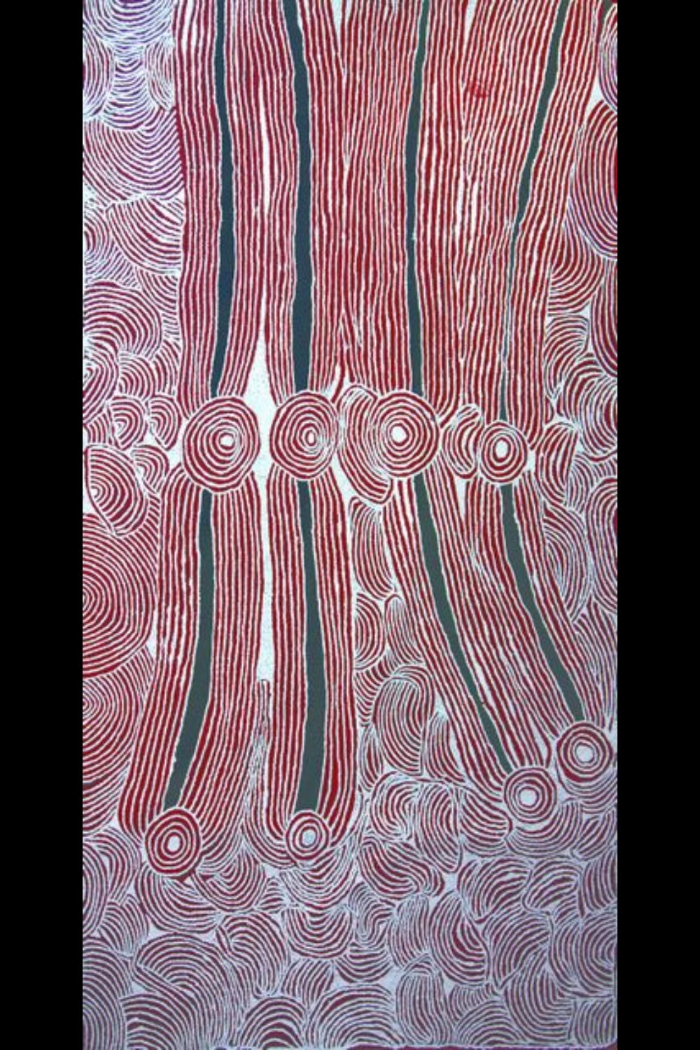Ningura Napurrula painting with red parallel lines, black channels and concentric circles