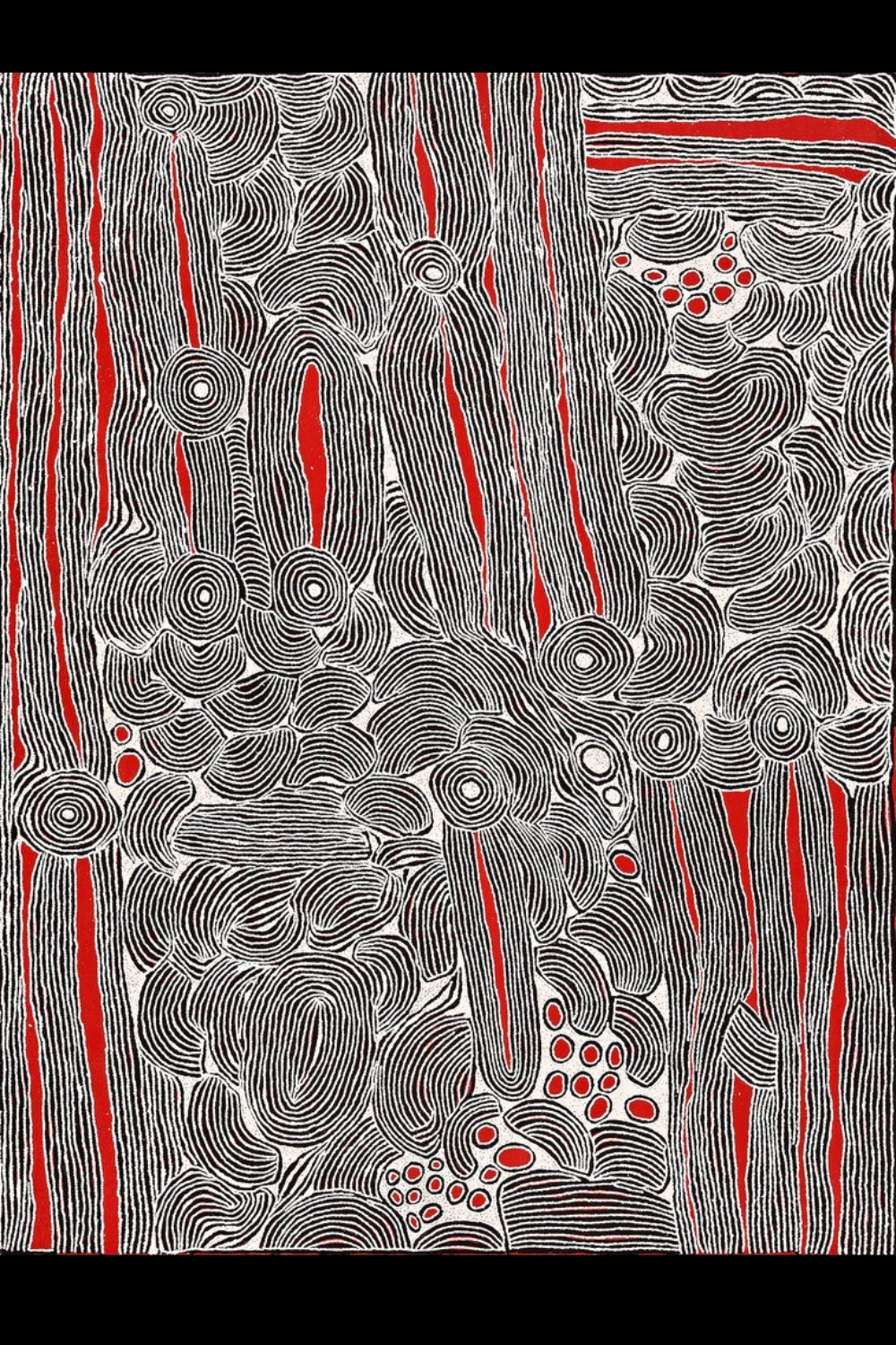 Ningura Napurrula painting with concentric circles, parallel lines and red, black and white forms representing women’s Country
