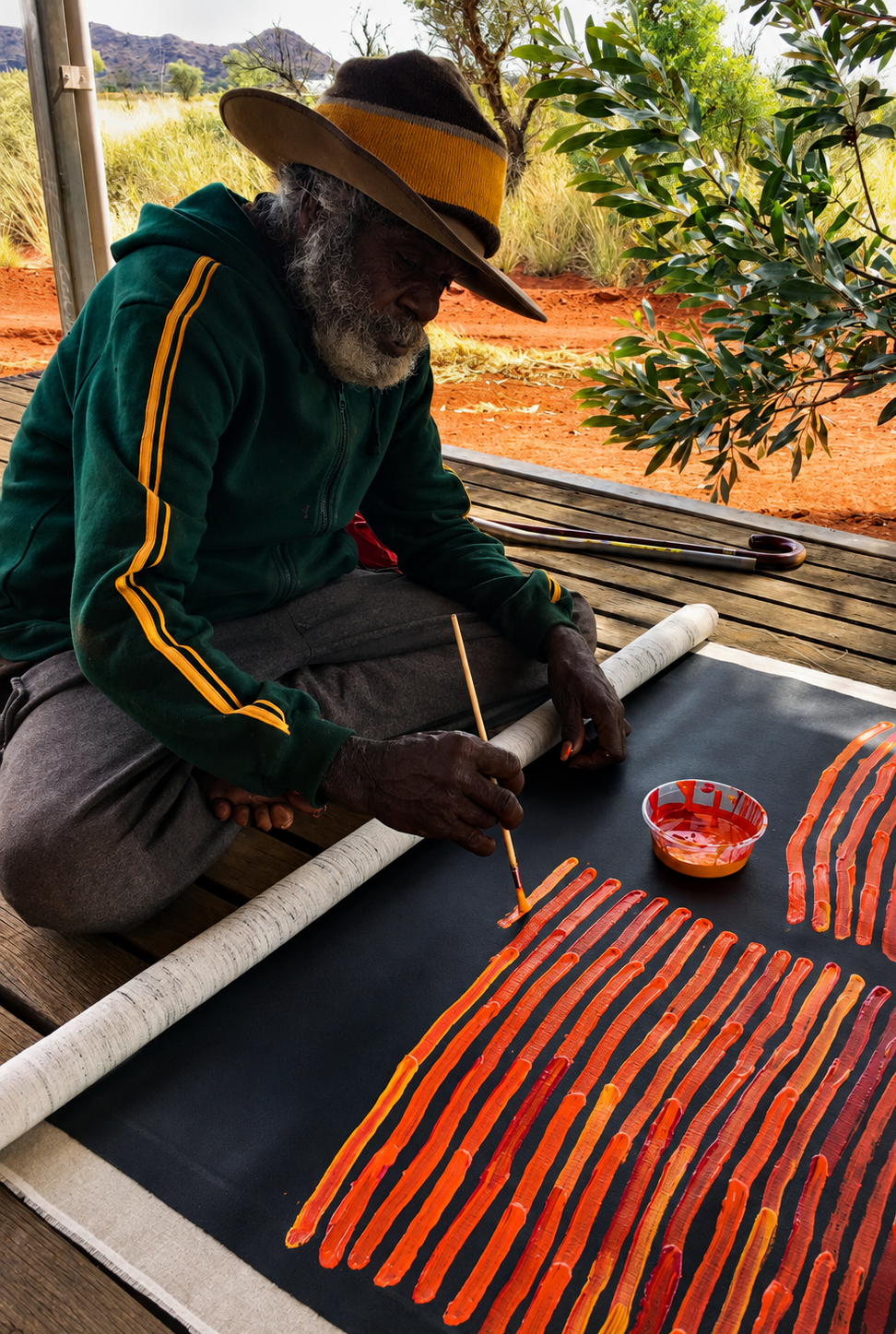 Pintupi artist Ronnie Tjampitjinpa painting bold red and orange linear designs on black canvas at Kintore.