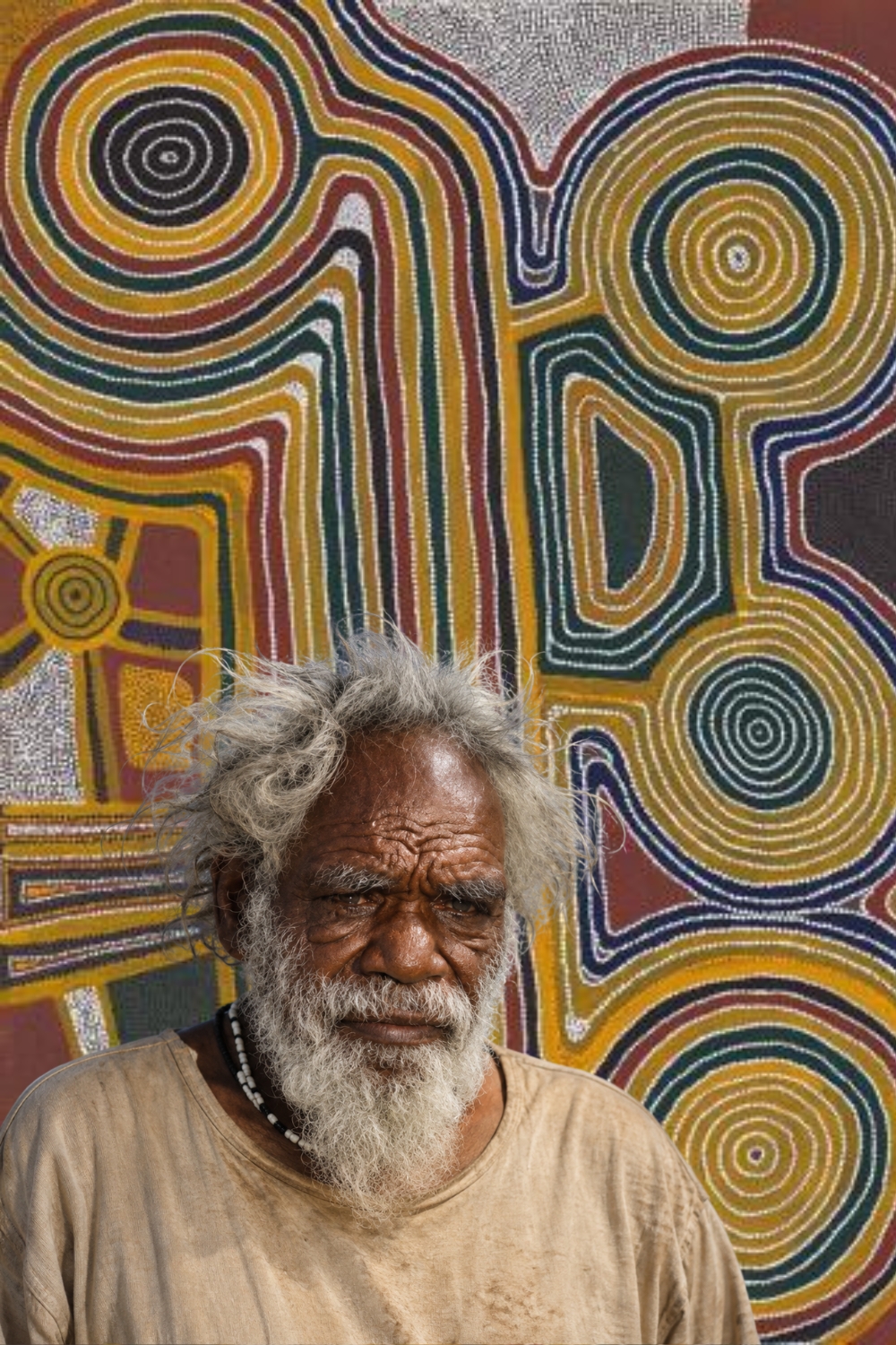 Sunfly Tjampitjin Wimmitji Tjapangarti wearing a cloth headband and checked shirt, pictured in front of one of his densely dotted paintings of ancestral Country.