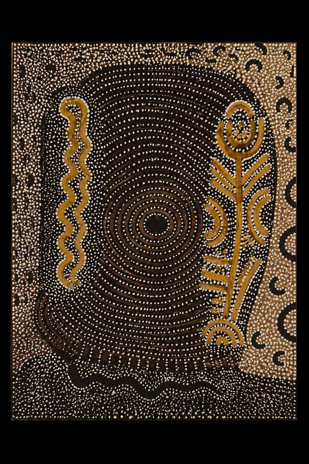 Early Papunya painting by Tjumbalulu Tjungurrayi featuring concentric circles, ceremonial motifs and traditional Western Desert symbols.