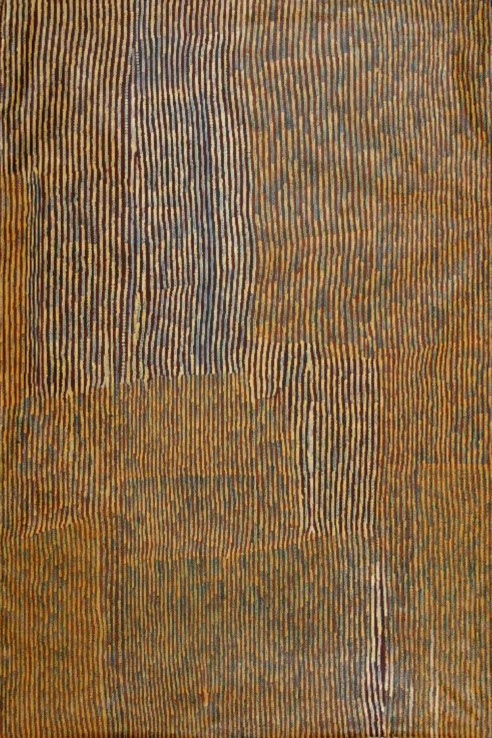 Turkey Tolson Tjupurrula Straightening Spears at Illyingaugau c.1990 Aboriginal painting with shimmering vertical dotted bands in ochre, cream, brown and black representing the ceremonial straightening of hunting spears.