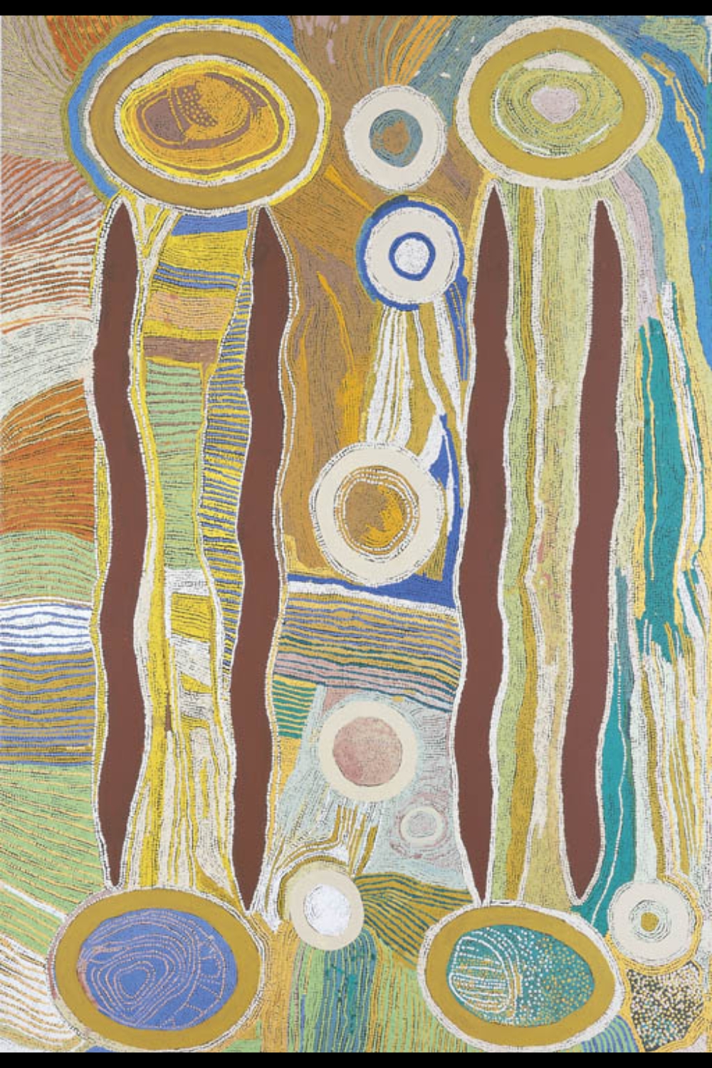 Maggie Watson Napangardi painting with large concentric circles, long brown curving forms and fields of fine parallel lines in ochre, yellow, blue, green, white and pink.