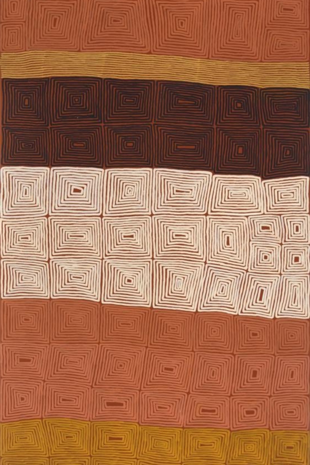 Mature painting by Ronnie Tjampitjinpa with repeated rectangular forms and parallel linear fields in ochre, white and dark brown.