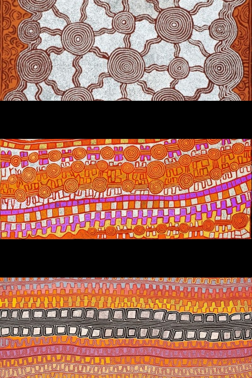 Three Patrick Tjungurrayi paintings showing the evolution from traditional Tingari circles to colourful geometric abstraction