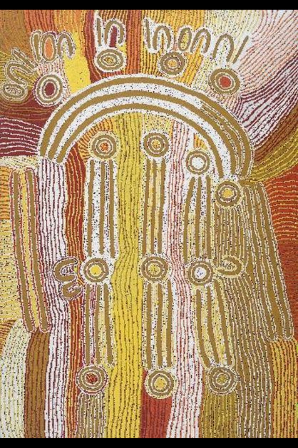 Maggie Watson Napangardi painting composed of concentric circles, long parallel lines and broad curving bands in yellow, white, ochre, red and brown.