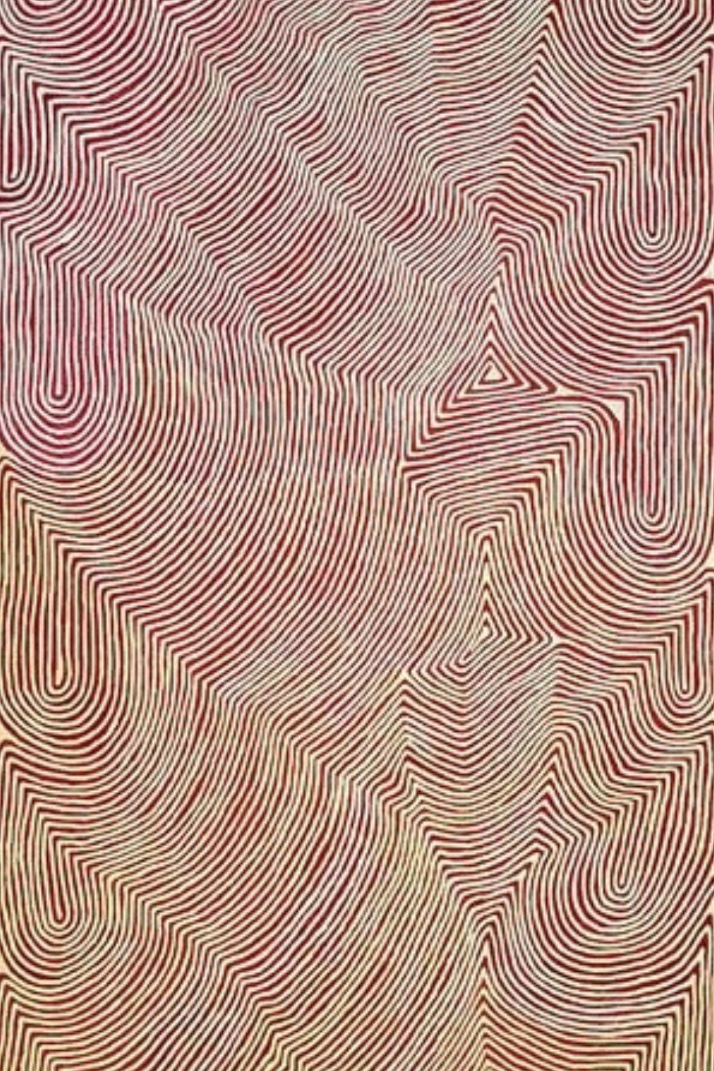 Tingari painting by Ronnie Tjampitjinpa with dense parallel lines forming interlocking geometric shapes.