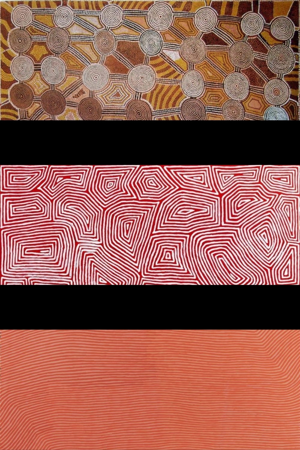 Three George Tjungurrayi paintings showing the evolution from concentric Tingari circles to rectilinear parallel-line abstraction