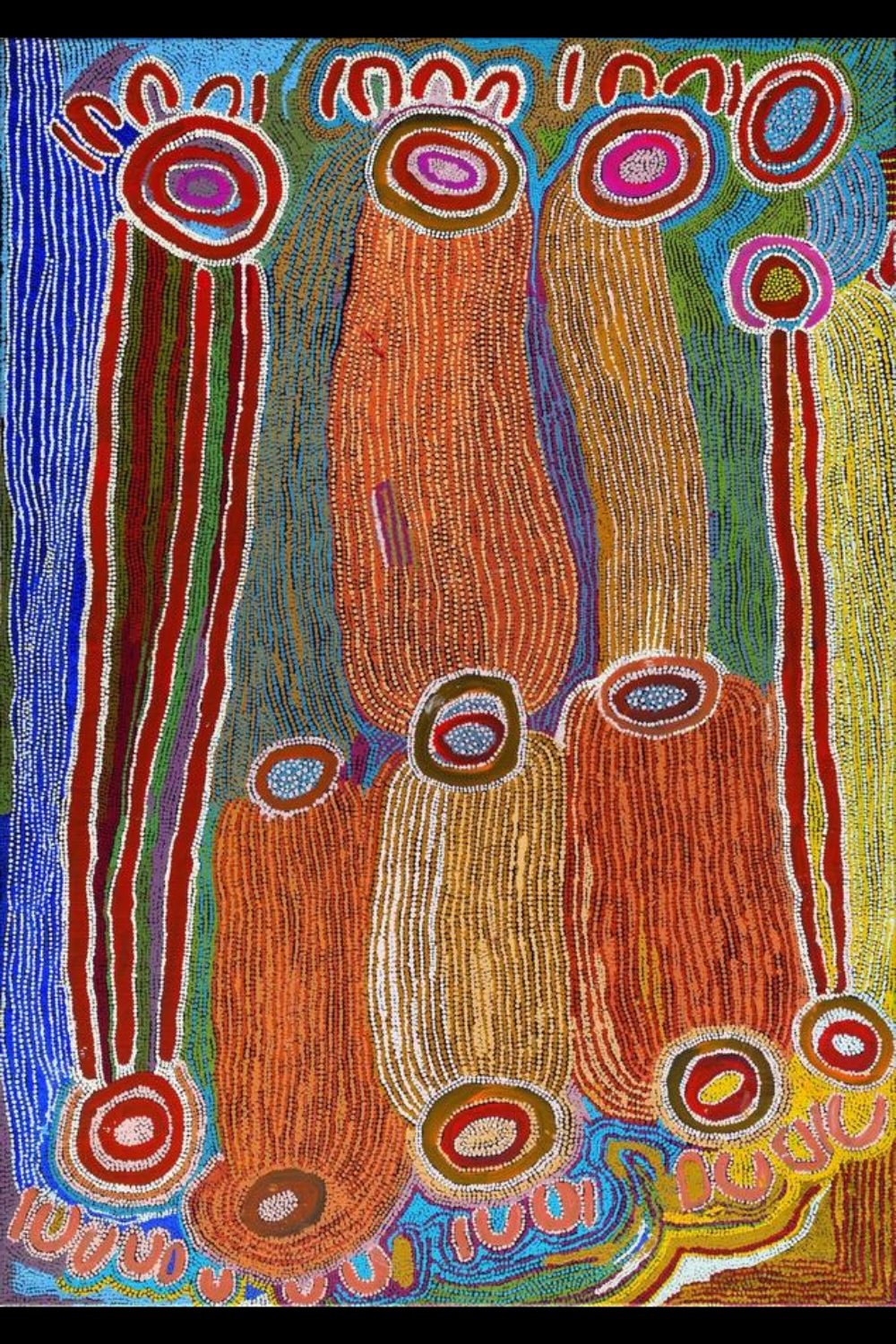 Maggie Watson Napangardi painting with large concentric circles connected by long parallel bands and dense fields of coloured dots in red, orange, blue, green, yellow and ochre.