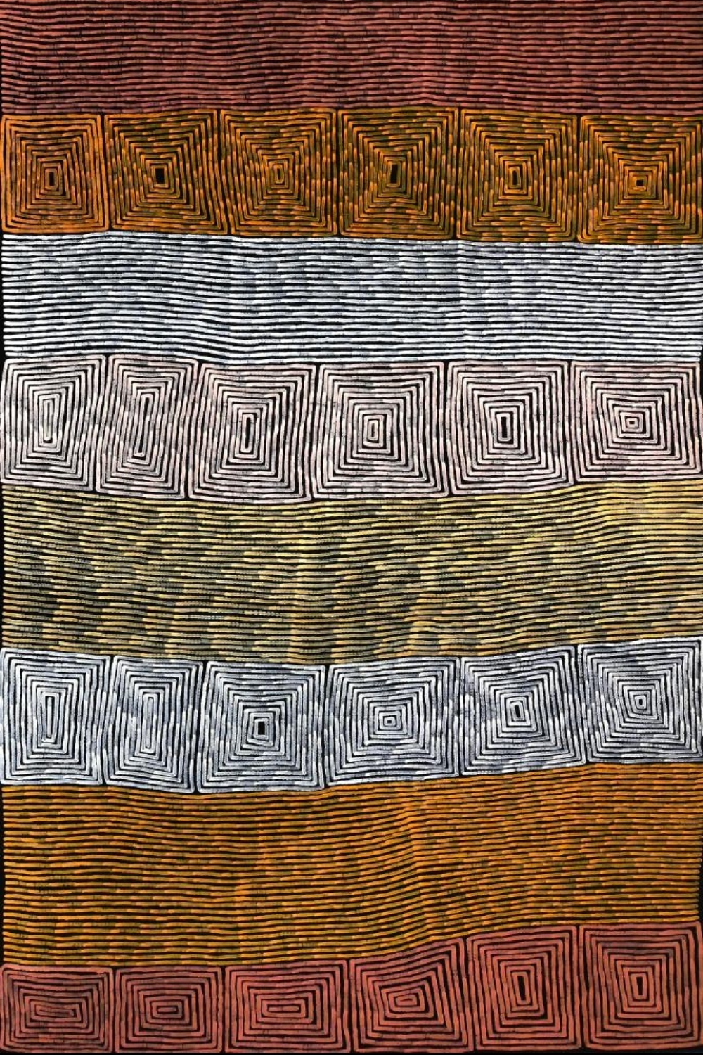 Tingari painting by Ronnie Tjampitjinpa with repeated rectangular motifs and broad fields of parallel lines.