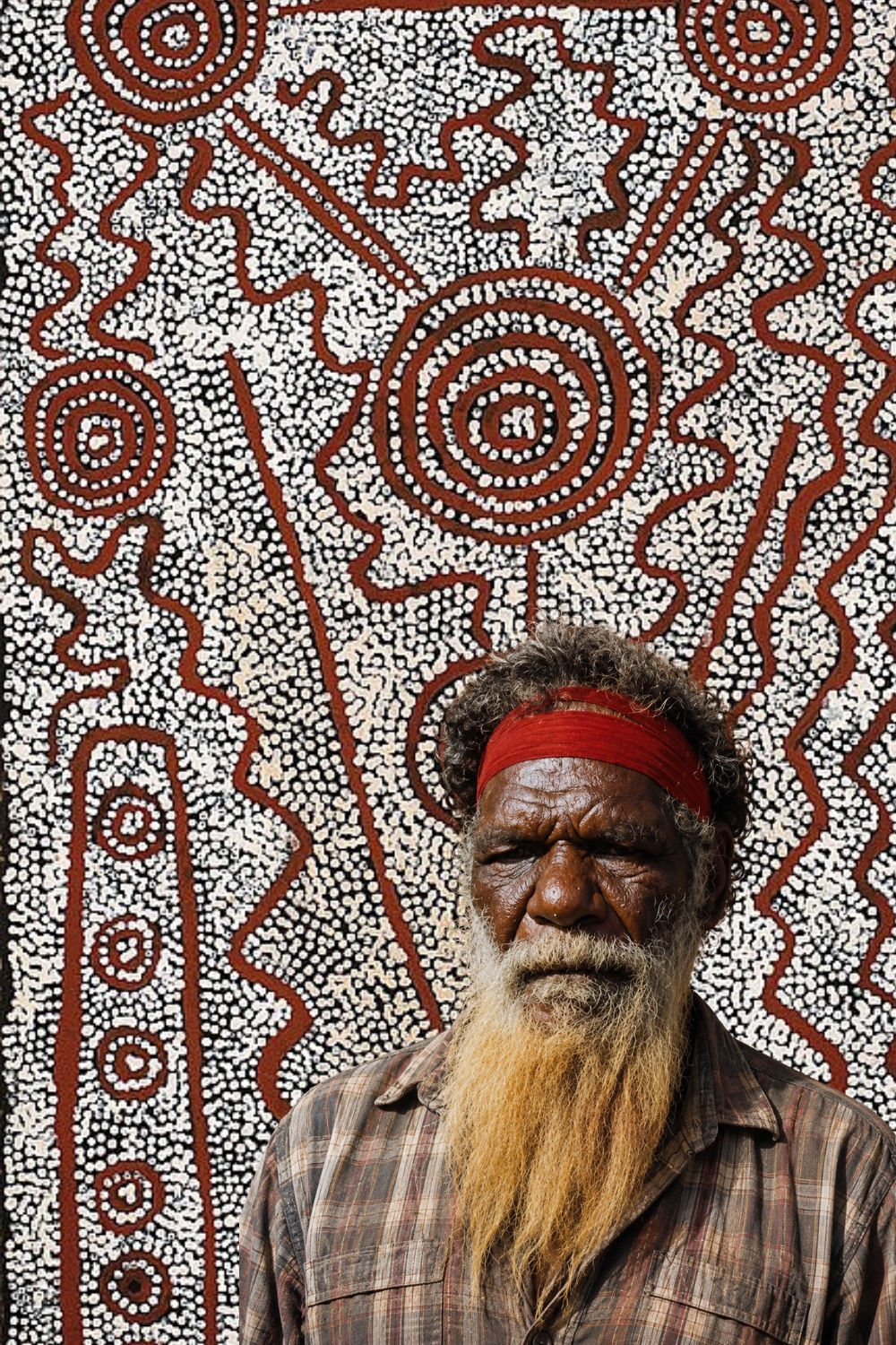 Portrait of Pintupi artist Yala Yala Gibbs Tjungurrayi with a Western Desert painting in the background
