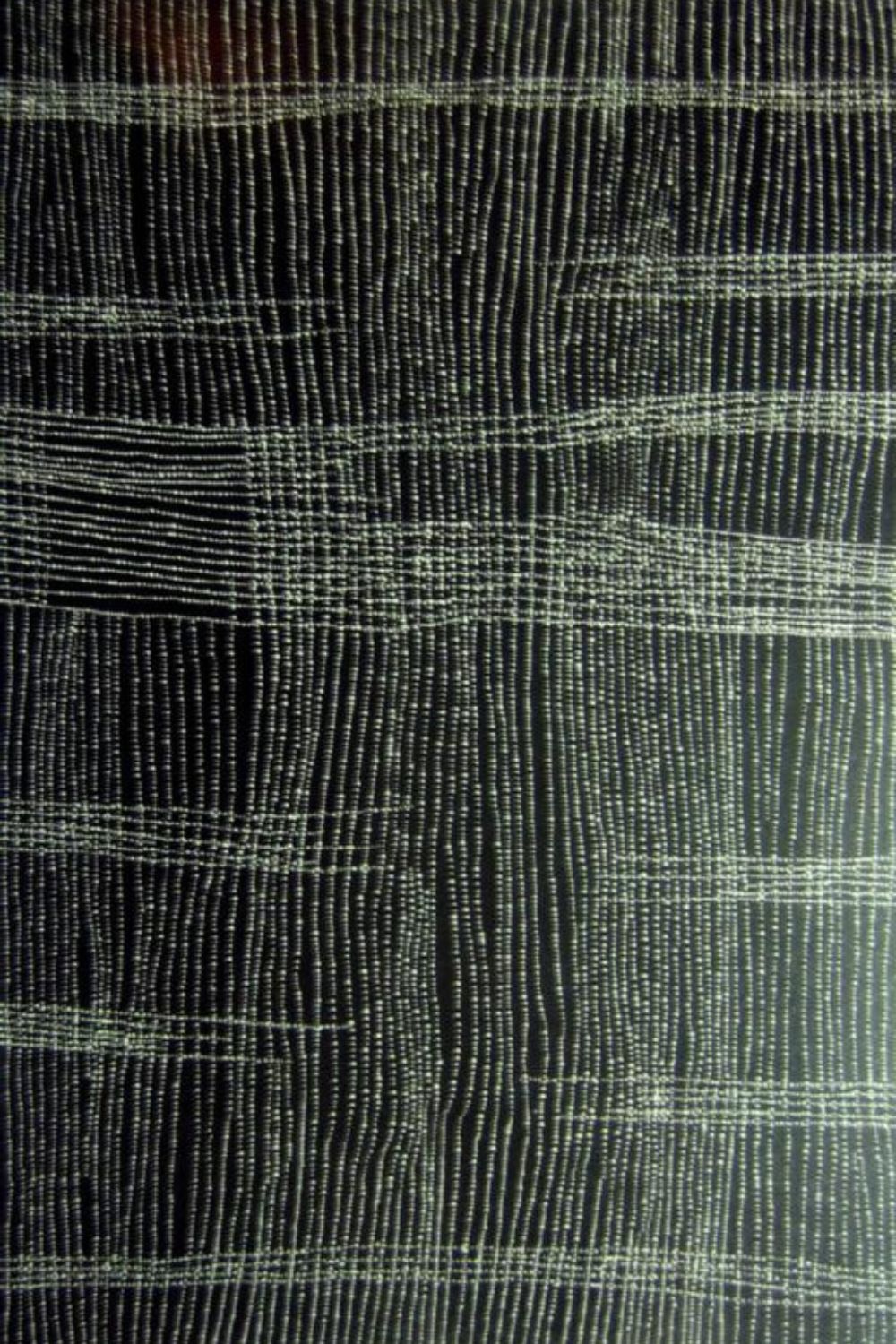 Close-up detail of Dorothy Napangardi's Mina Mina painting showing shimmering white dotted grids representing salt-encrusted claypans and ancestral journeys across Warlpiri Country.