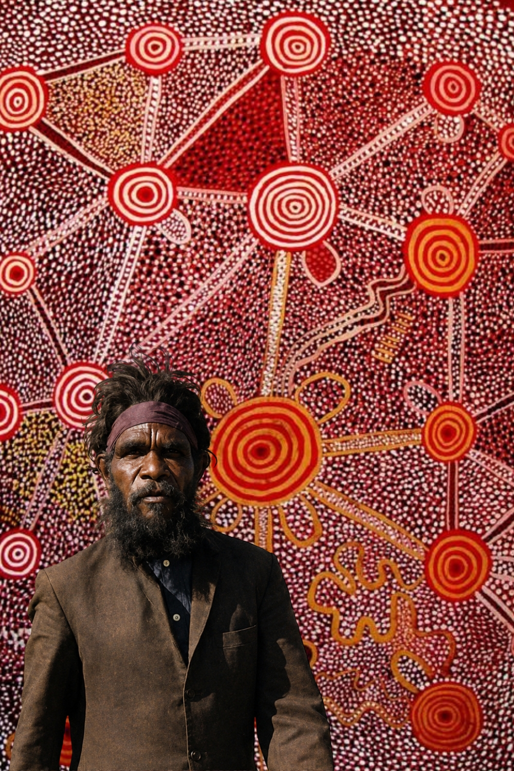 John Tjakamarra, Pintupi artist, with a Western Desert painting featuring concentric circles and connecting lines