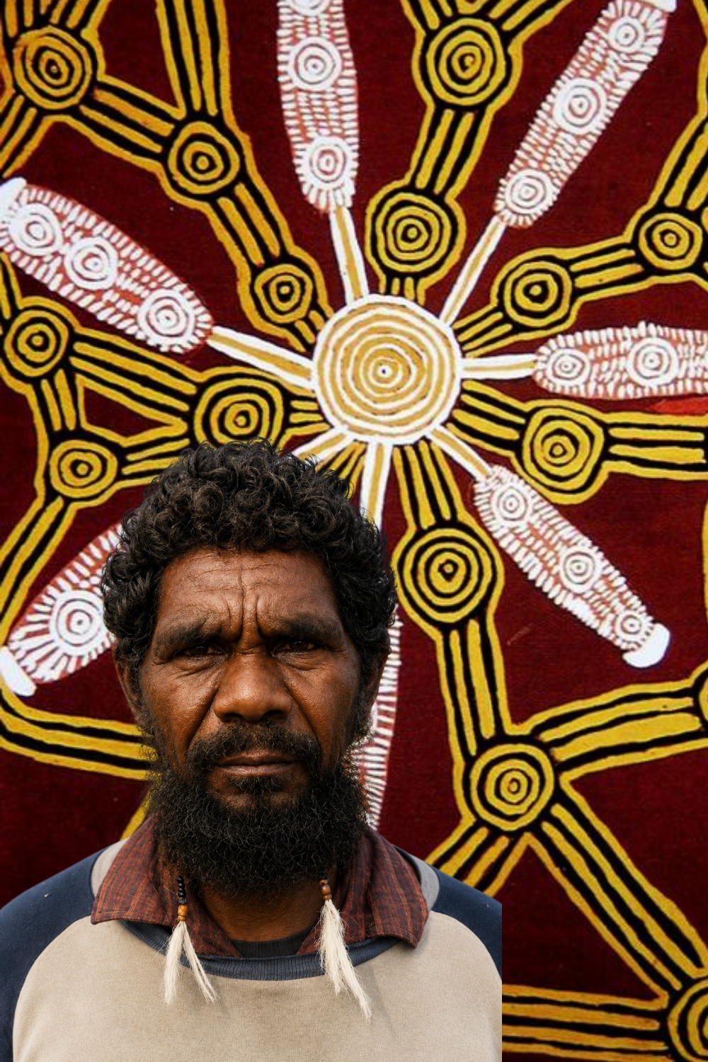 Timmy Payungka Tjapangati pictured with a Pintupi painting featuring concentric circles, connecting lines and ceremonial forms.