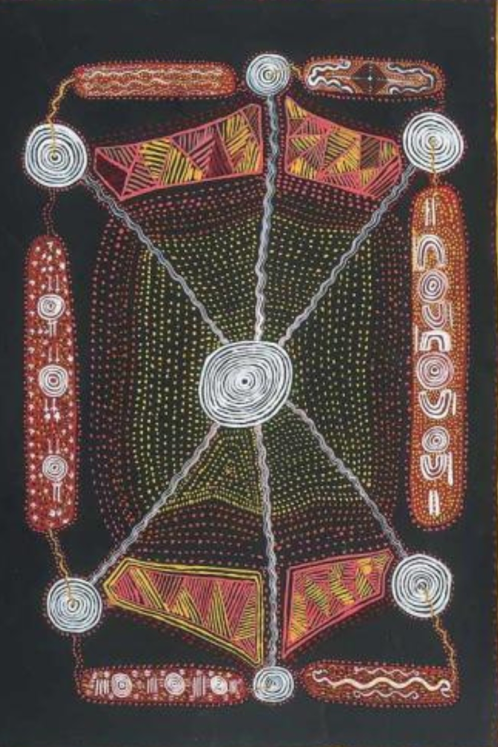 David Corby Tjapaltjarri Warlpiri artist David Corby Tjapaltjarri painting with concentric circles linked by travelling lines, dotted fields and geometric ceremonial designs on a dark background.