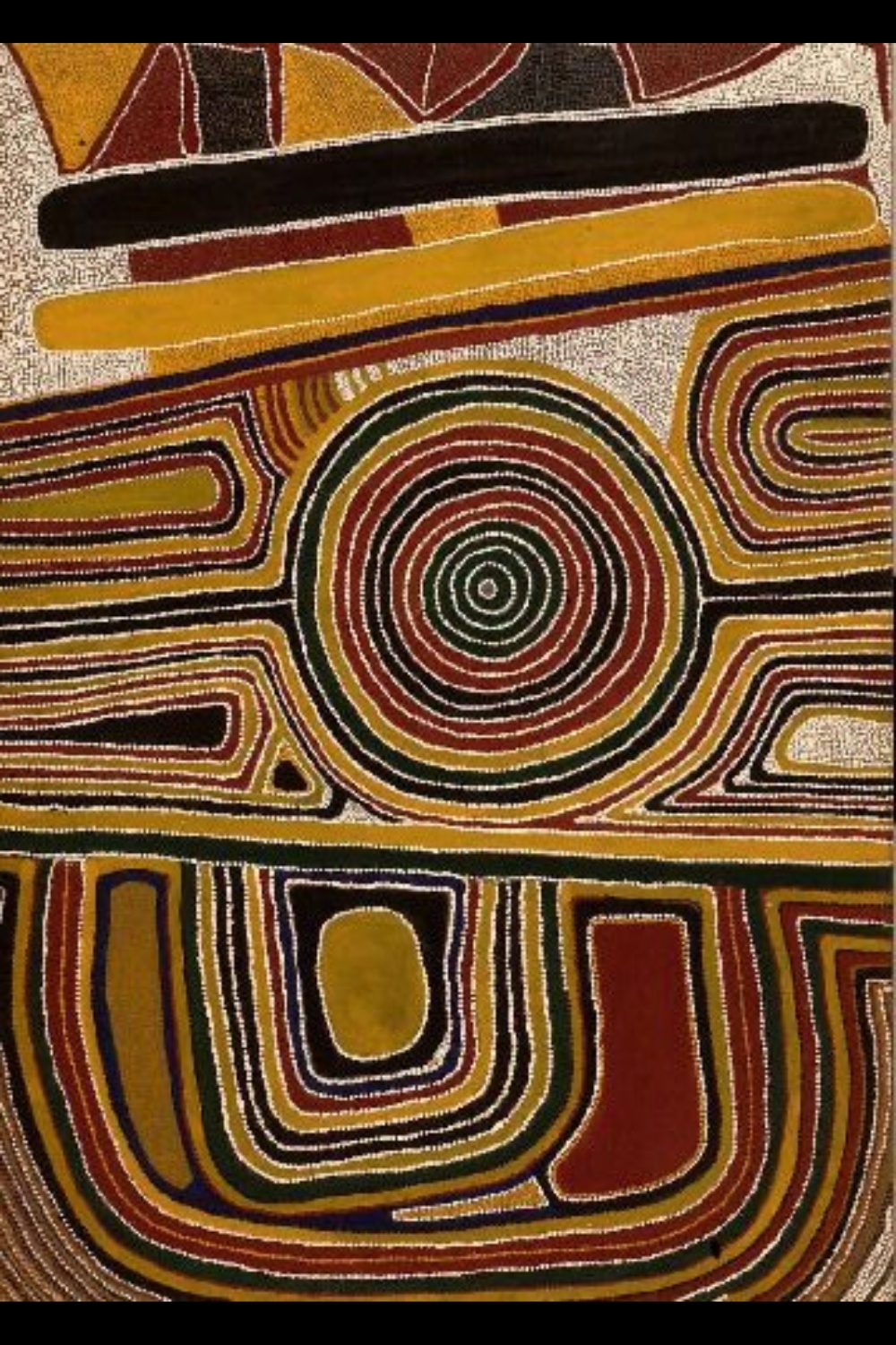 Sunfly Tjampitjin painting with a large central concentric circle surrounded by geometric pathways and bands of ochre, red, green, black and white.