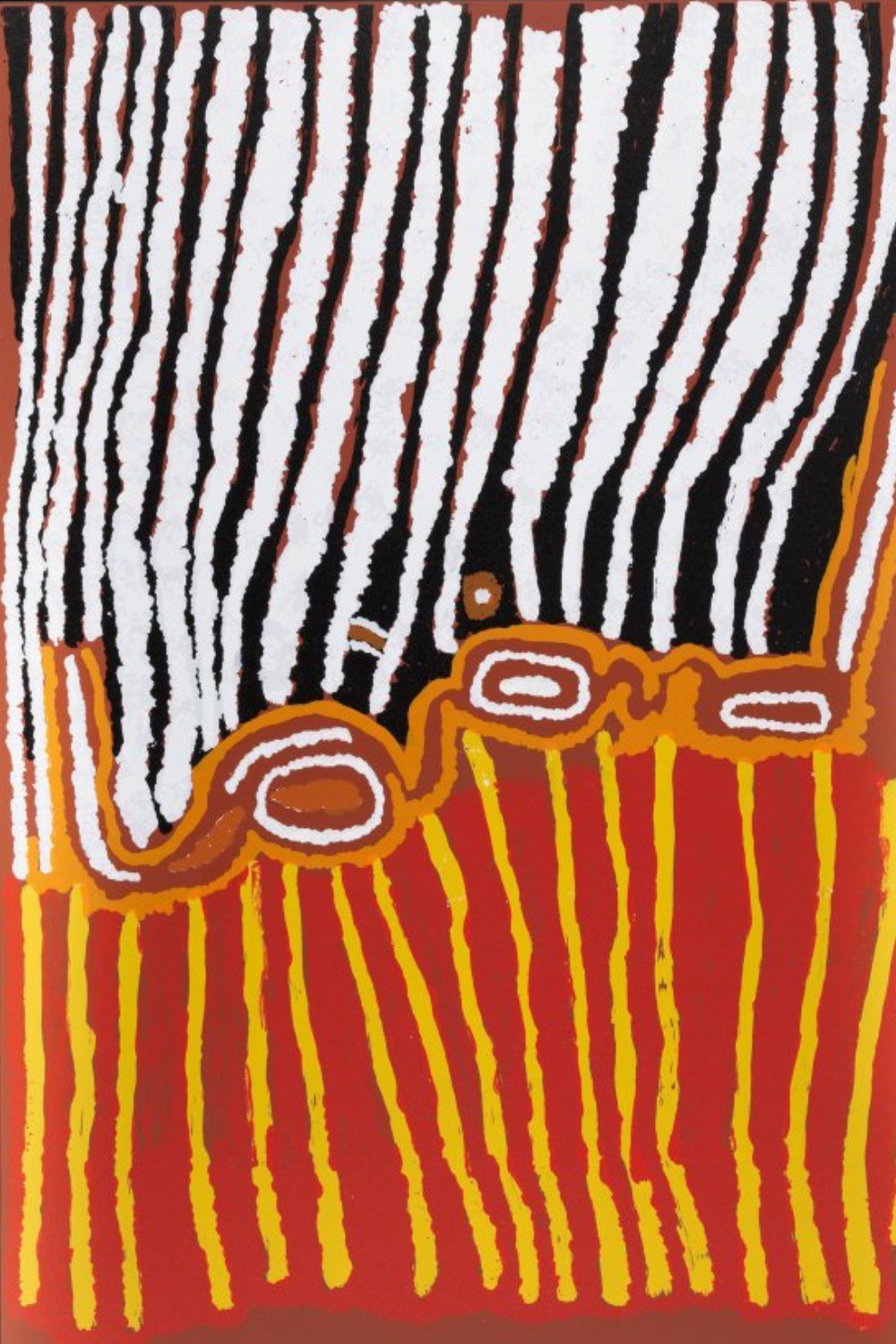 Tjumpo Tjapanangka painting with long irregular black and white parallel bands above red and yellow lines, with several outlined forms across the centre