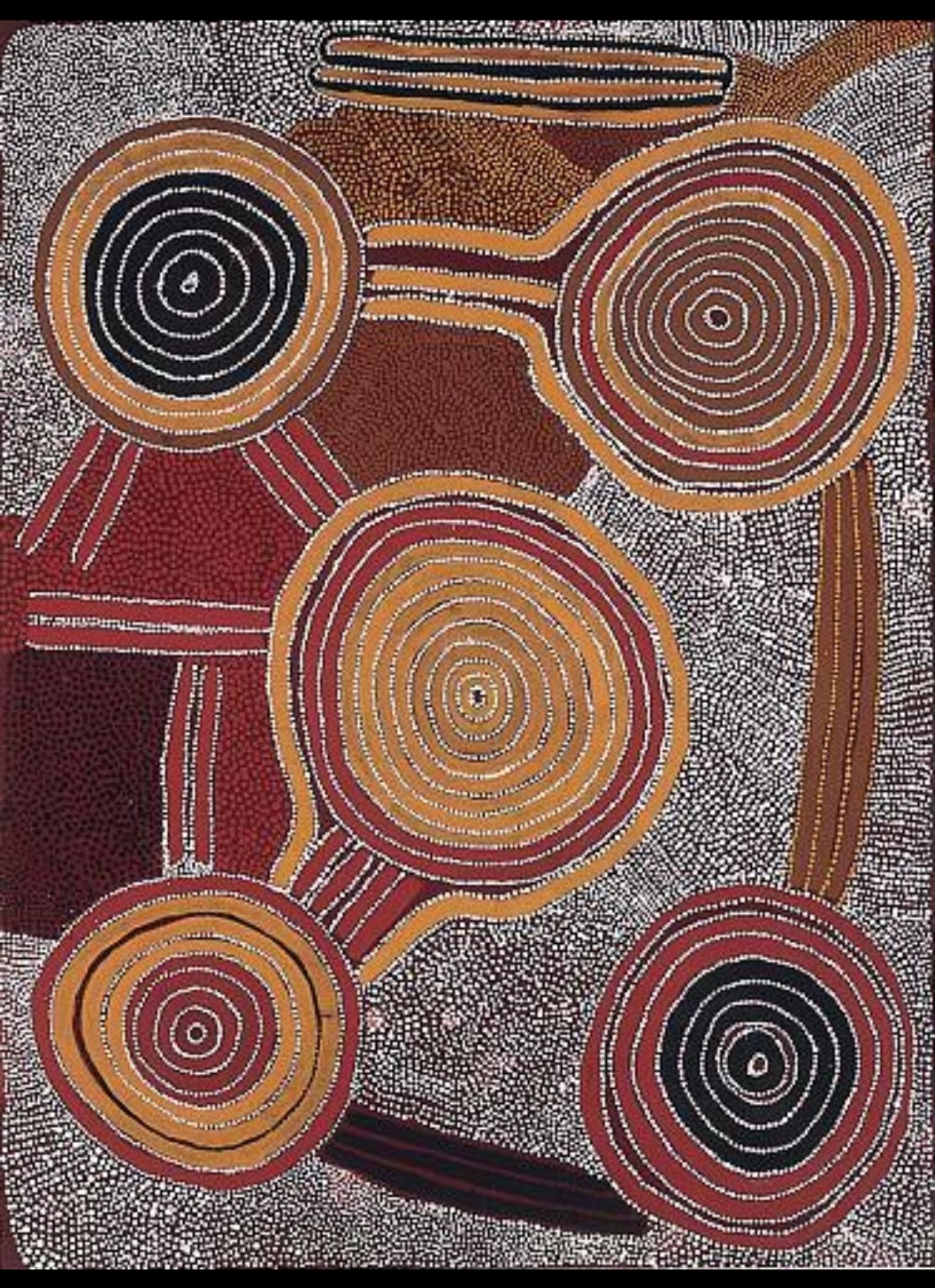 Sunfly Tjampitjin painting with five large concentric circular forms connected by pathways across densely dotted fields of red, ochre, black and white.