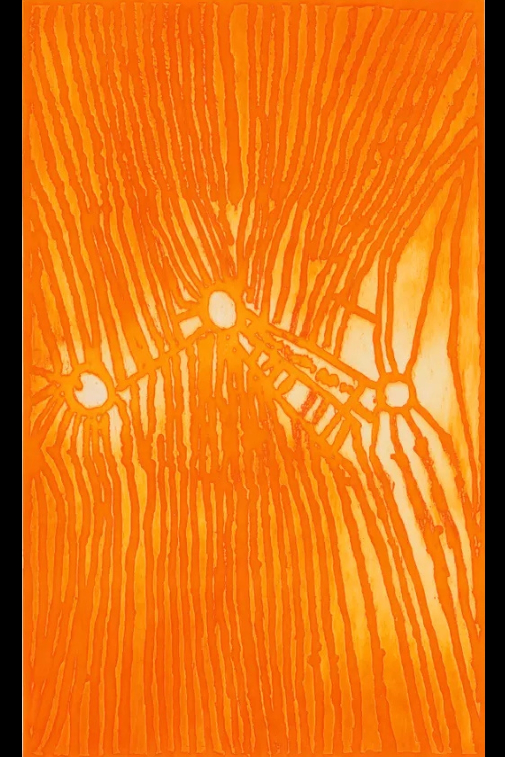 Tjumpo Tjapanangka painting dominated by orange and yellow parallel lines radiating around three pale circular forms connected across the centre.
