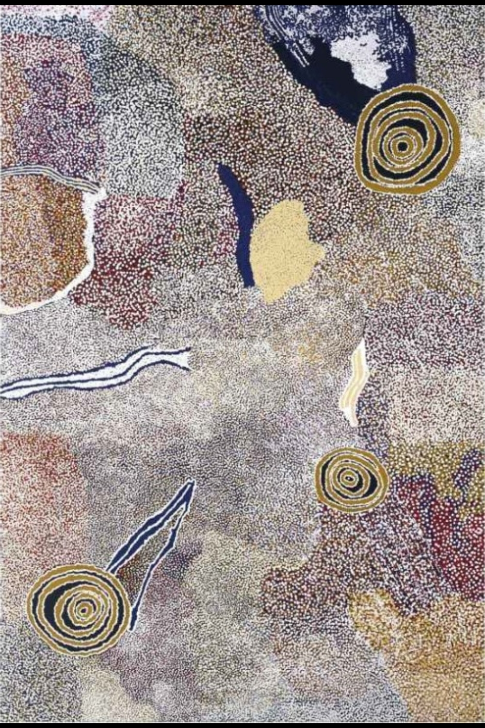 Painting by Billy Whiskey Tjapaltjarri with floating rockholes, sweeping ancestral forms and dense fields of multicoloured dotting.