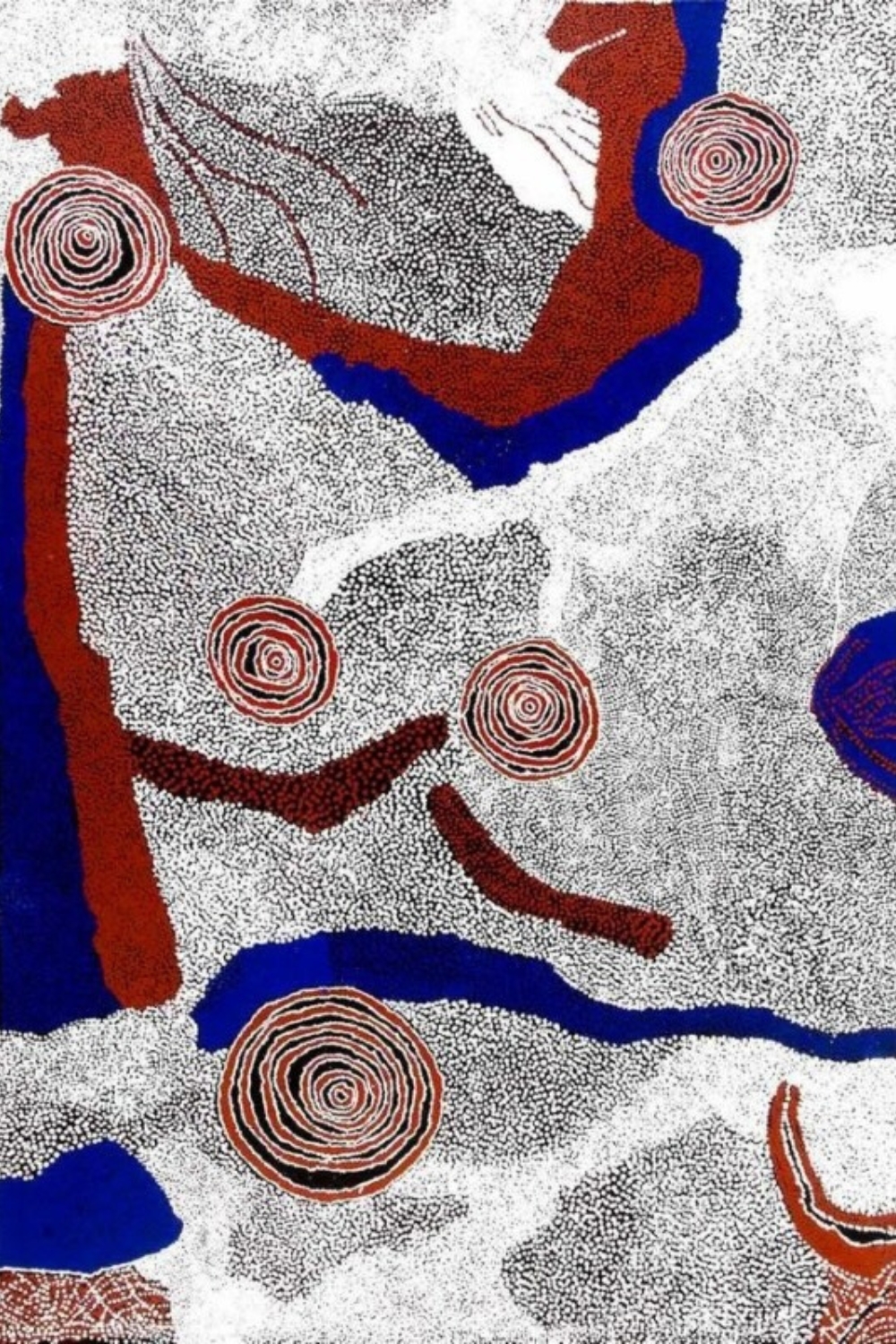 Billy Whiskey Tjapaltjarri painting of rockholes and Country, with concentric circles, pathways and dense fields of fine dotting.